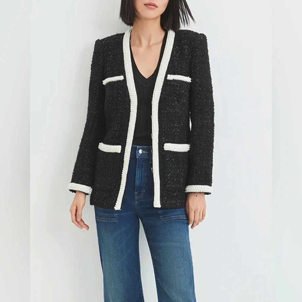 NWT $798 Veronica Beard Kemsley Pearl-embellished Black and White Tweed Jacket